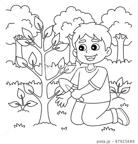 Boy planting trees coloring page for kids