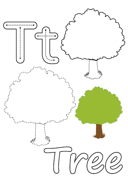 Premium vector coloring pages of a tree and the letter t suitable for use in childrens coloring books