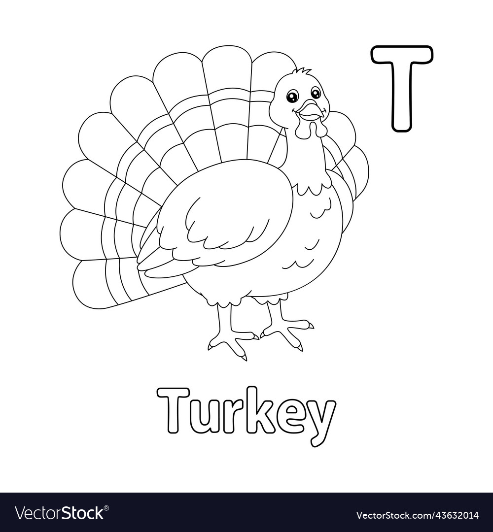 Turkey alphabet abc coloring page t royalty free vector