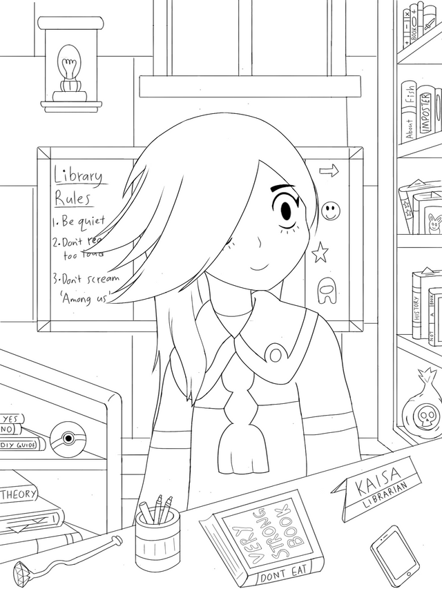I drew collete went to a library to borrow a new book for her next match also this is my first time drawing a character with a background so it does not