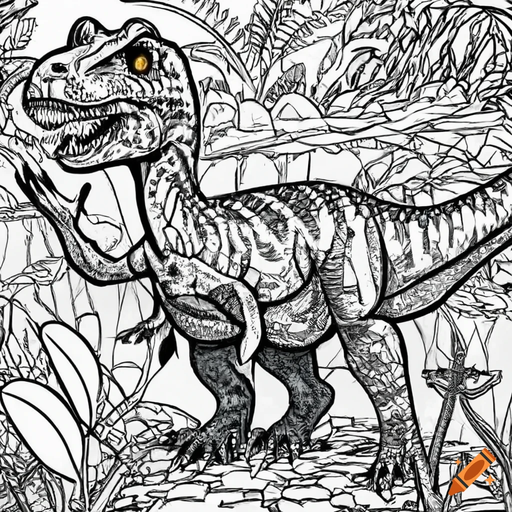 Coloring page for kids tyranosaurus rex in jungle black and white no shading thick lines in the ratio of on