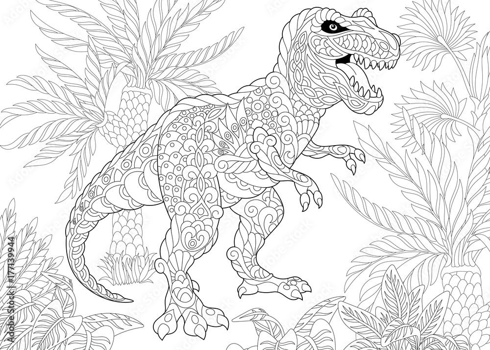Coloring page of tyrannosaurus t rex dinosaur of the late cretaceous period freehand sketch drawing for adult antistress coloring book in zentangle style vector