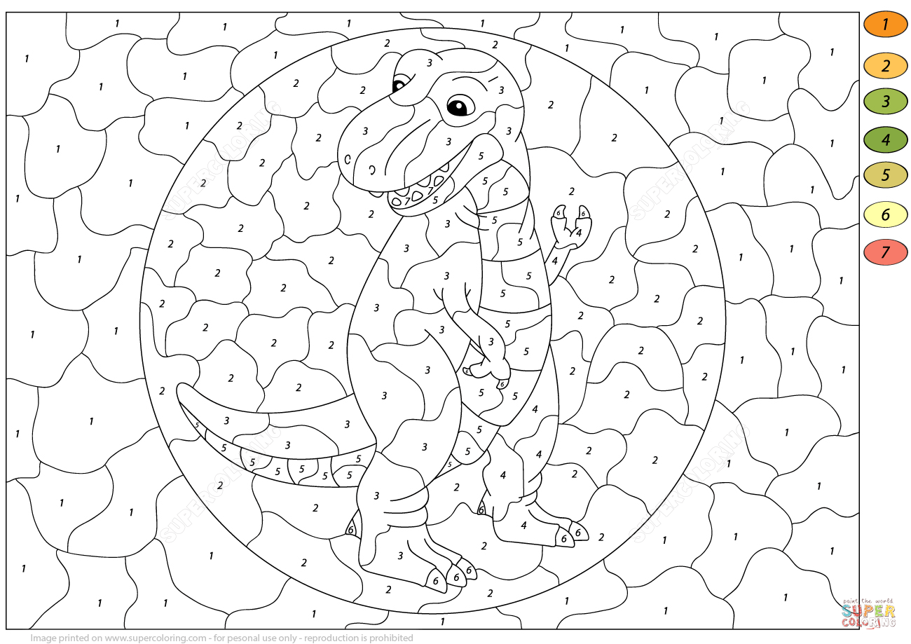 Tyrannosaur t rex color by number free printable coloring pages