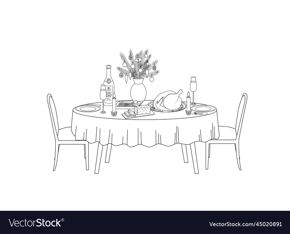 Festive table coloring page black and white vector image