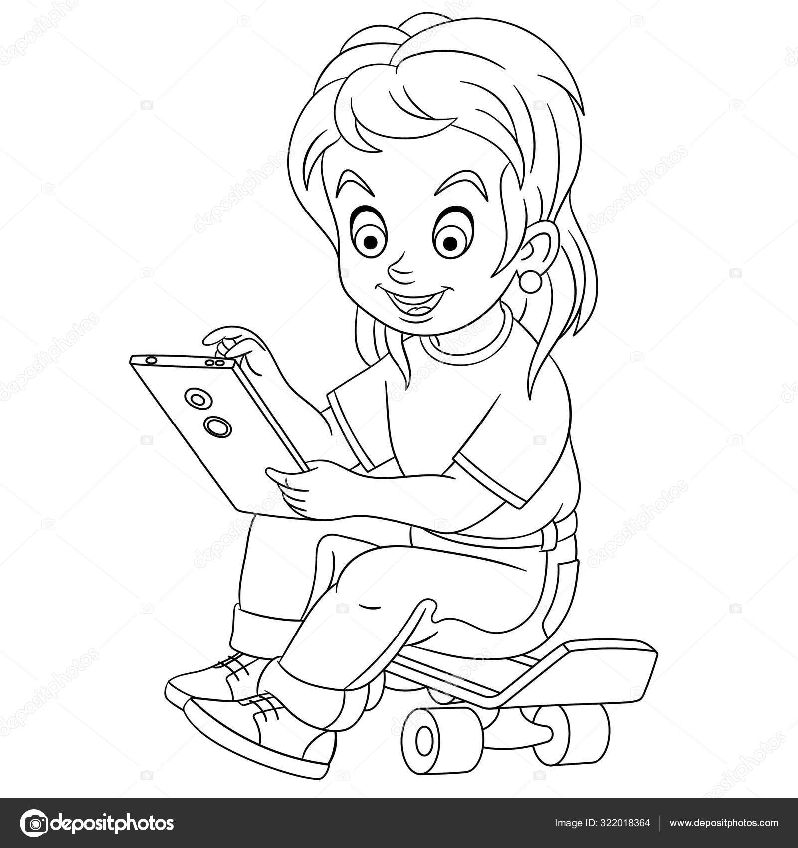 Coloring page with girl browsing tablet stock vector by sybirko