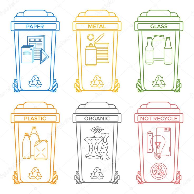 Vector various colors outline separated recycle waste bins icons labels signs white backgroun recycling recycling activities for kids recycle poster