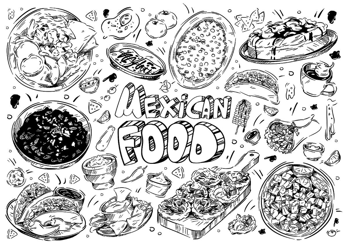 Mexican food coloring pages free printable coloring pages of tacos burritos queso guacamole more printables mom