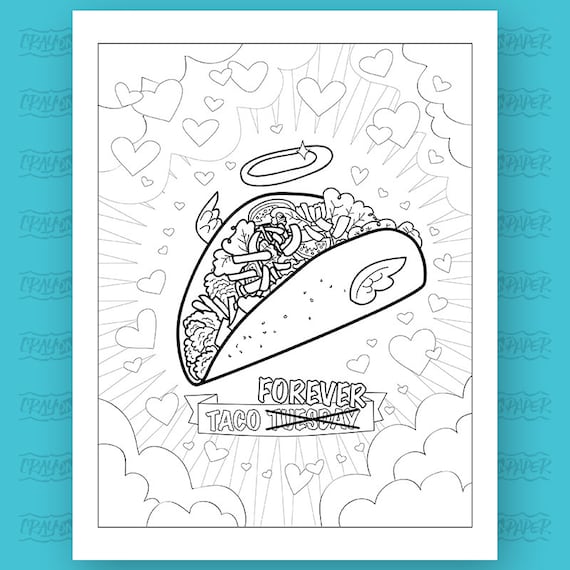 Funny taco printable pdf adult coloring sheet funny coloring art print instant download instant download