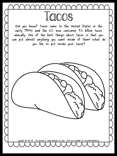 Taco coloring page with fun facts free printable â the art kit