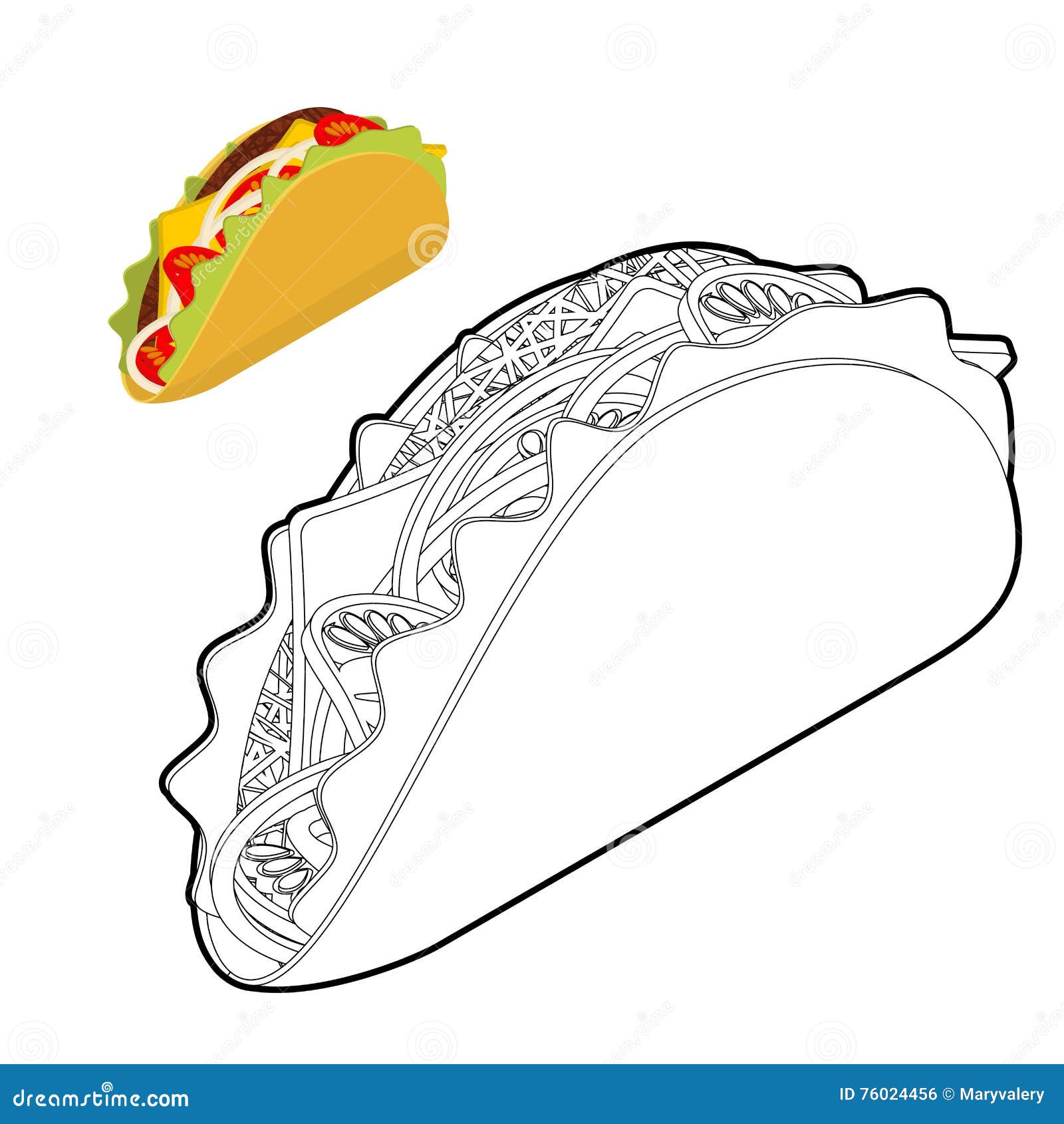 Taco coloring book traditional mexican food in linear style stock vector