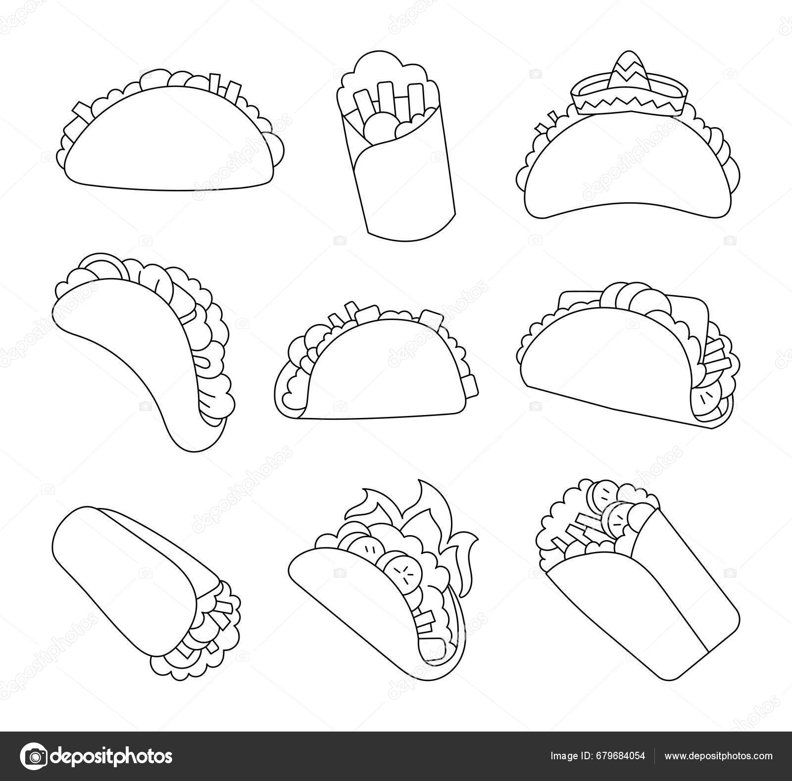 Tasty taco burrito coloring page mexican fast food vector drawing stock vector by palau