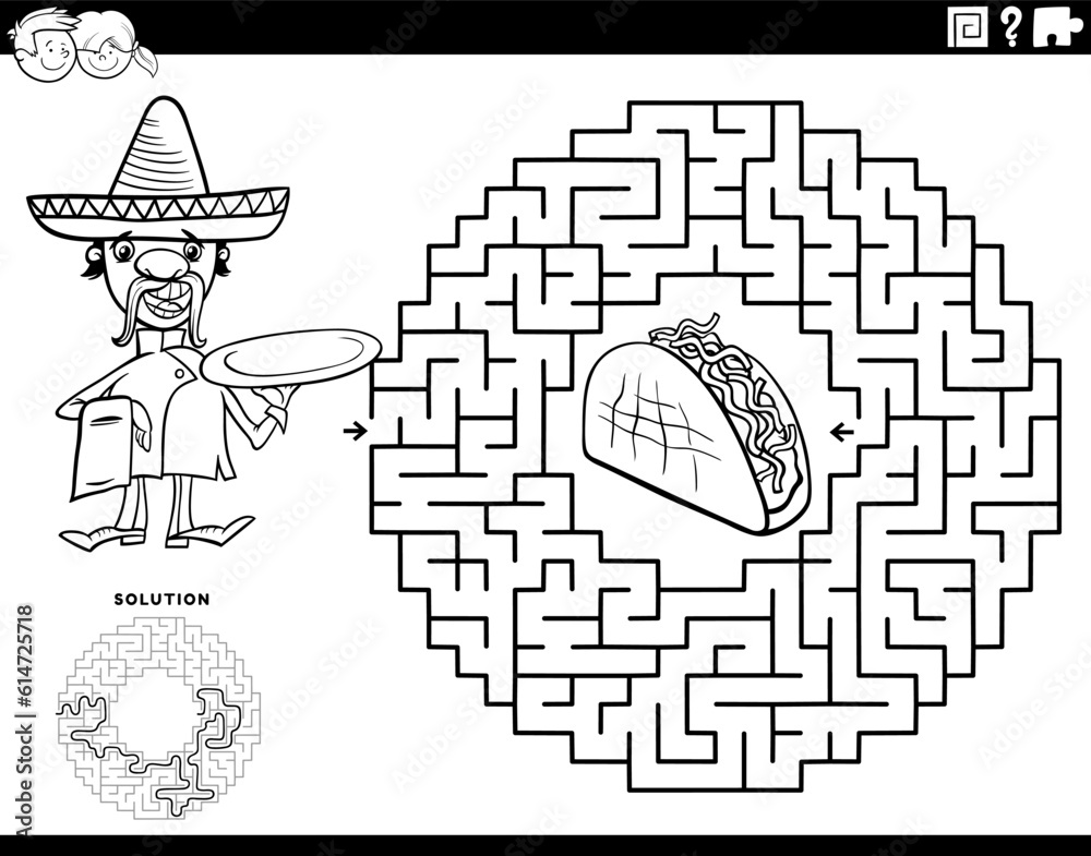 Maze with cartoon chef character with taco coloring page vector