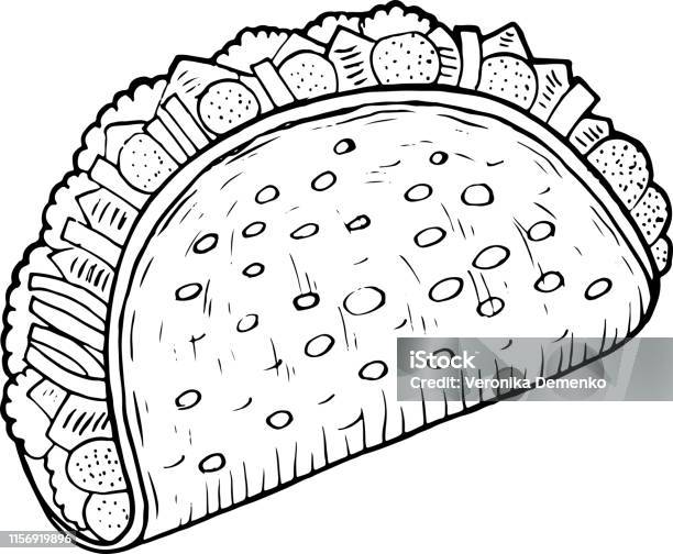 Mexican food taco coloring page for adults ink artwork graphic doodle cartoon art vector illustration stock illustration