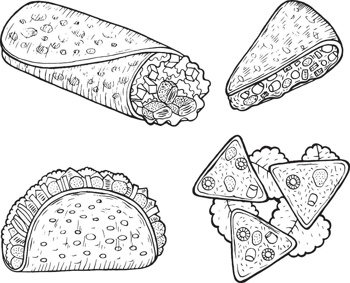 Mexican food coloring pages free printable coloring pages of tacos burritos queso guacamole more printables mom