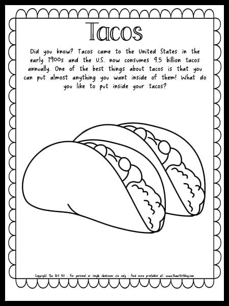 Taco coloring page with fun facts free printable â the art kit