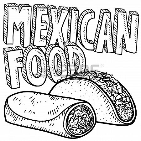 Doodle style mexican food sketch including text message burrito and tacos in format stock photo