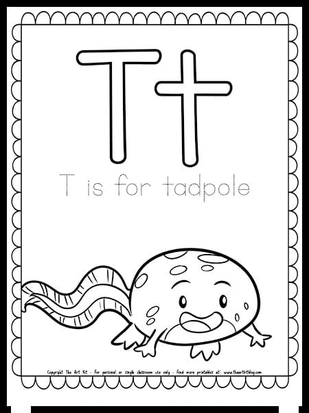 Letter t is for tadpole free spring coloring page â the art kit