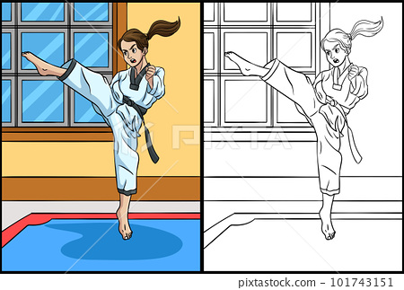 Taekwondo coloring page colored illustration