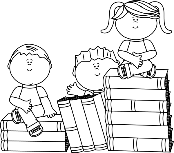 Clip art black and white black and white kids sitting on books clip art image