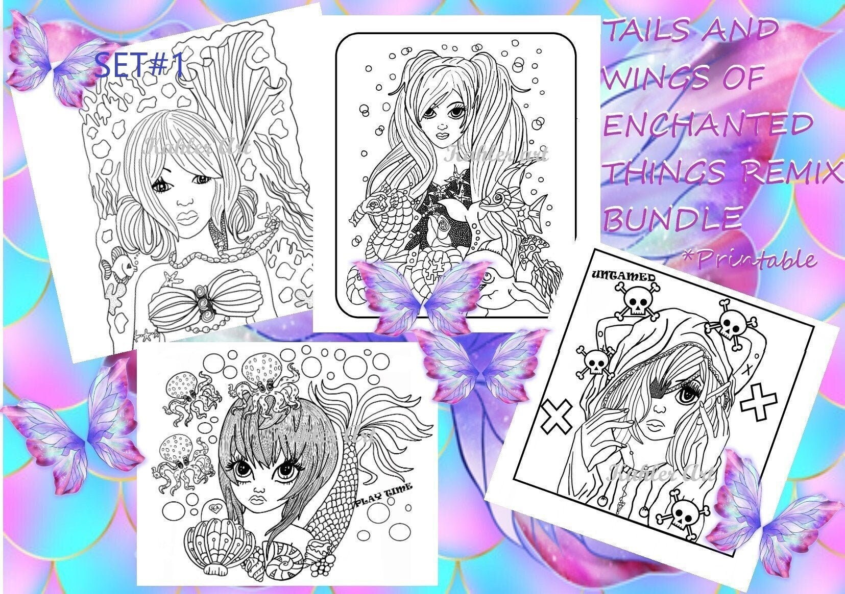 Mermaid and fairy coloring bundle printable coloring pages tails and wings of enchanted things remix bundle set fantasy coloring