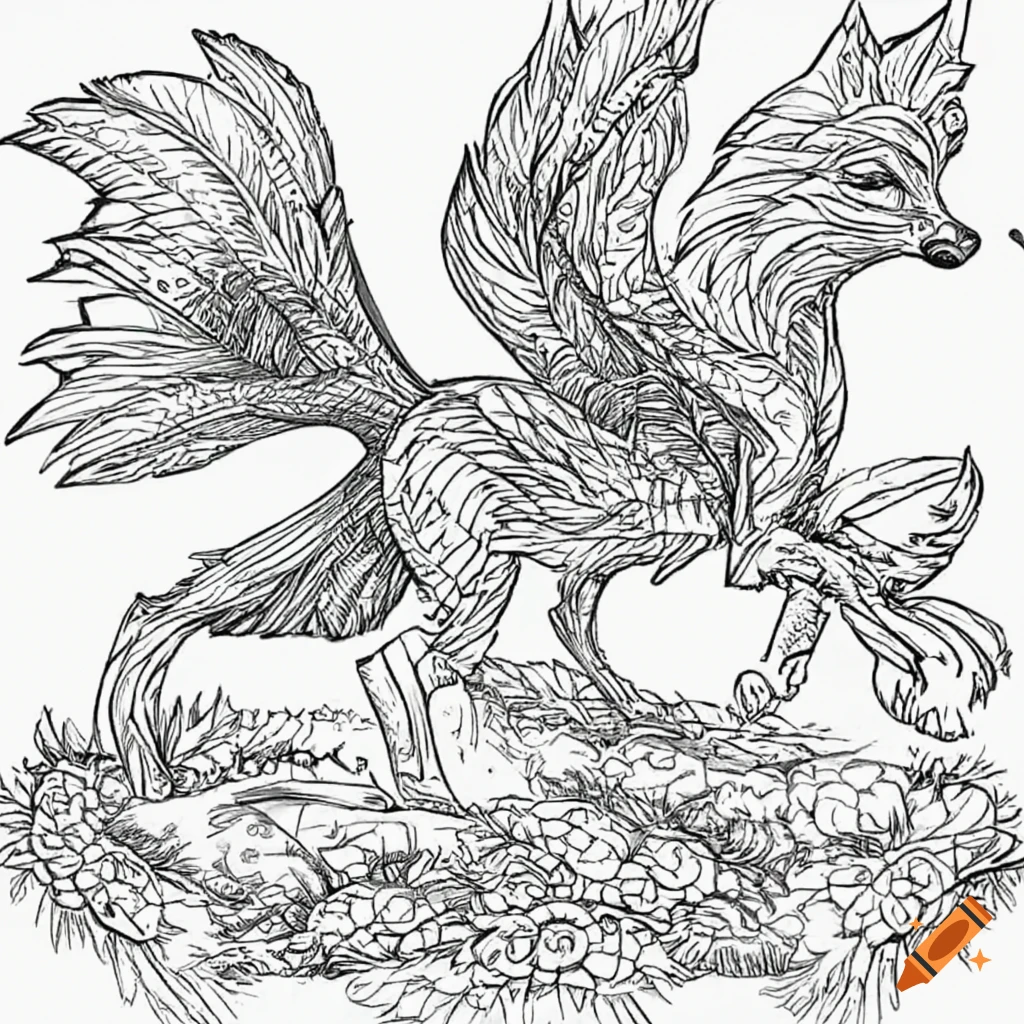 A mythical fox with multiple tails for coloring on
