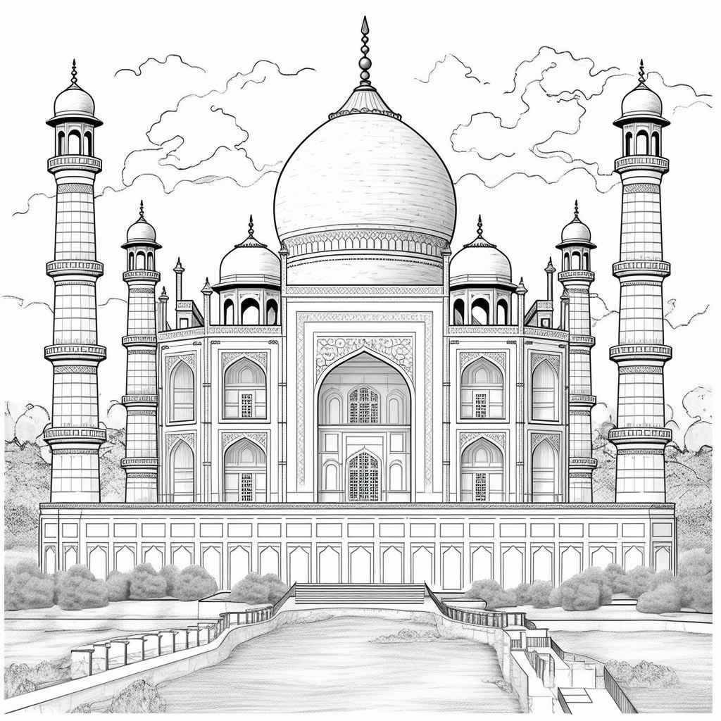 Midjourney prompt taj mahal coloring page