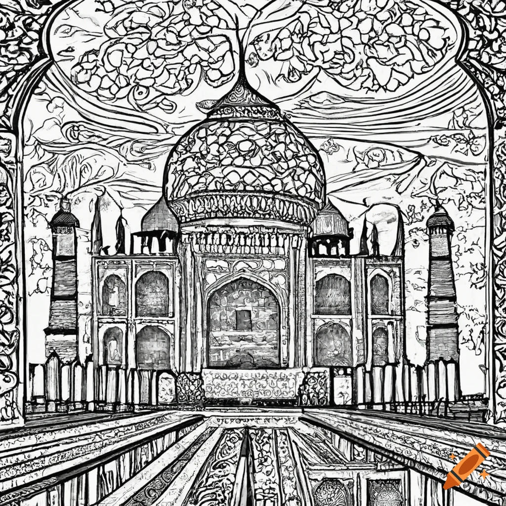 Adult coloring book page black and white taj mahal on