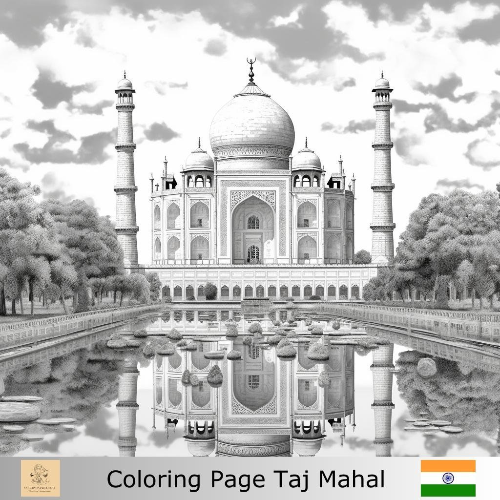 Greyscale taj mahal monument india printable coloring page