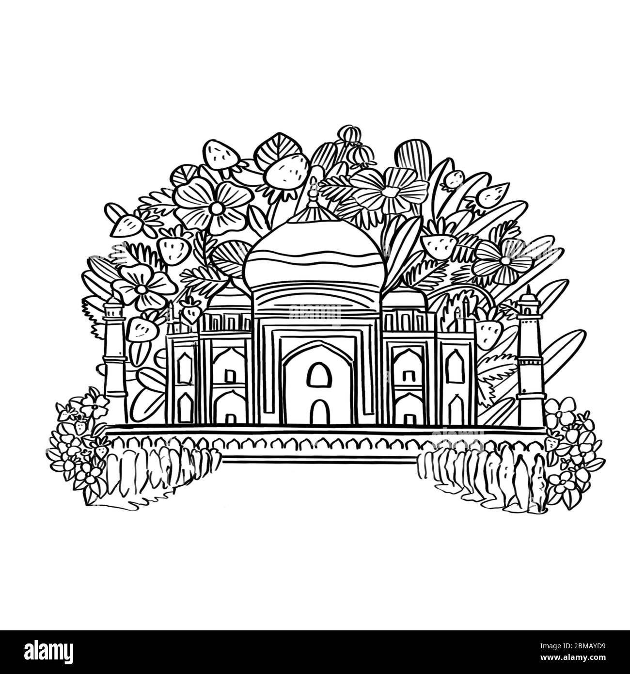 Illustration sketch black color taj mahal for coloring books among plants and flowers on a white isolated background stock photo