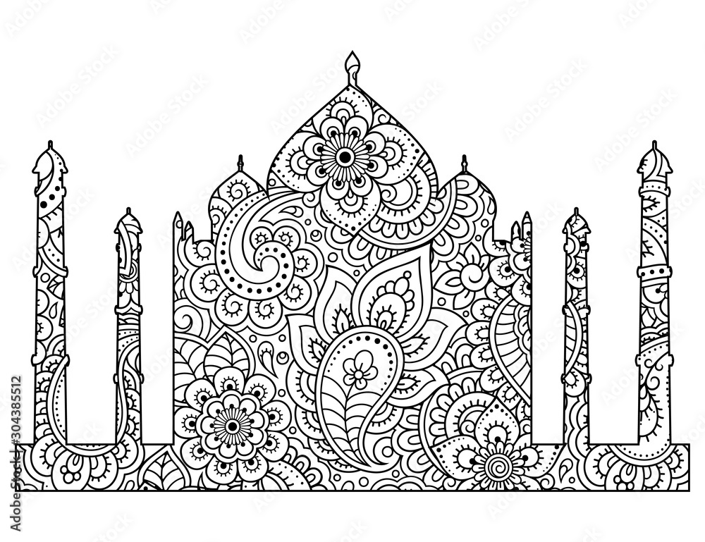 Silhouette of the taj mahal are filled with flowers in mehndi style islamic mausoleum in india muslim mosque architectural structure vector illustration coloring book page vector