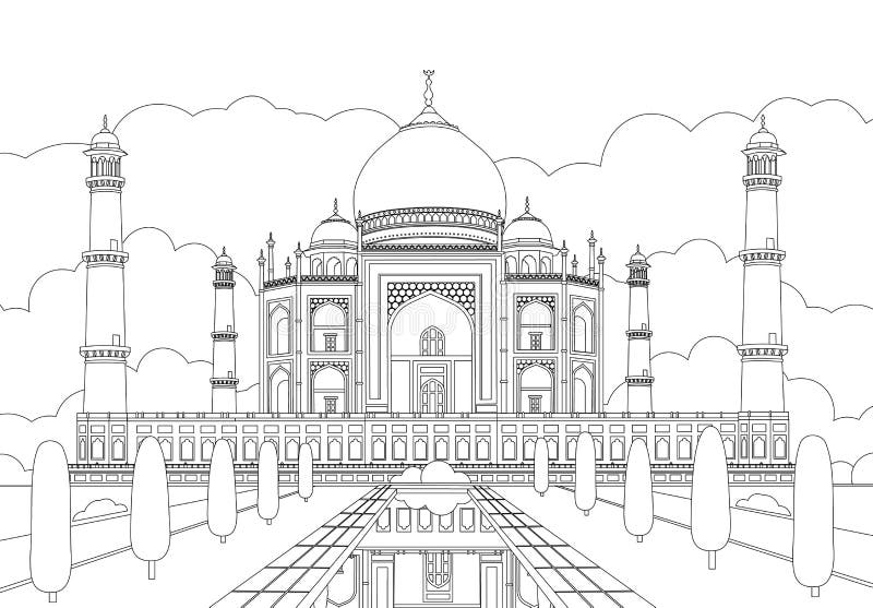 Taj mahal is a palace in india landmark architecture hindu temple mosque linear drawing in black and white style stock vector