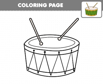 Premium vector education game for children coloring page cartoon music instrument drum printable worksheet