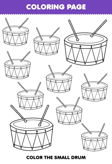 Jogo de educaãão para crianãas para colorir imagem grande ou pequena de planilha para impressão de tambor de instrumento musical vetor premium