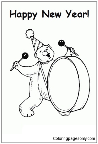 The bear banging the big drum to bring in the new year coloring page