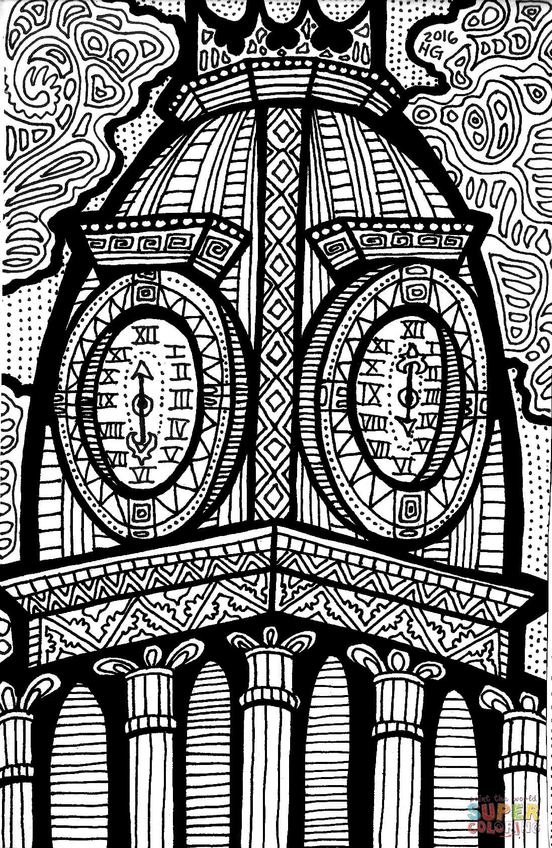 Clock tower zentangle coloring page free printable coloring pages