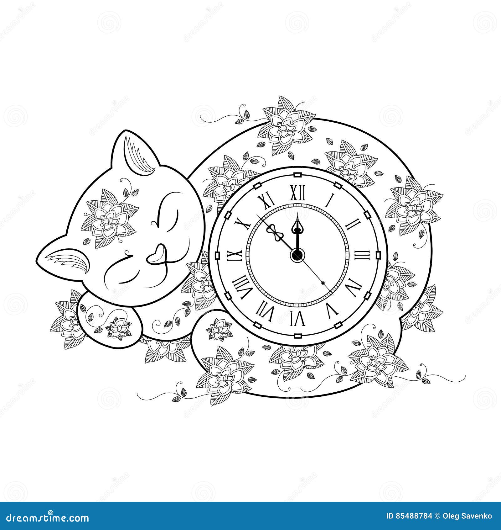 Cat clock coloring page thin line coloring book vector illustration for kids and adult hand drawn zen tangle stock vector