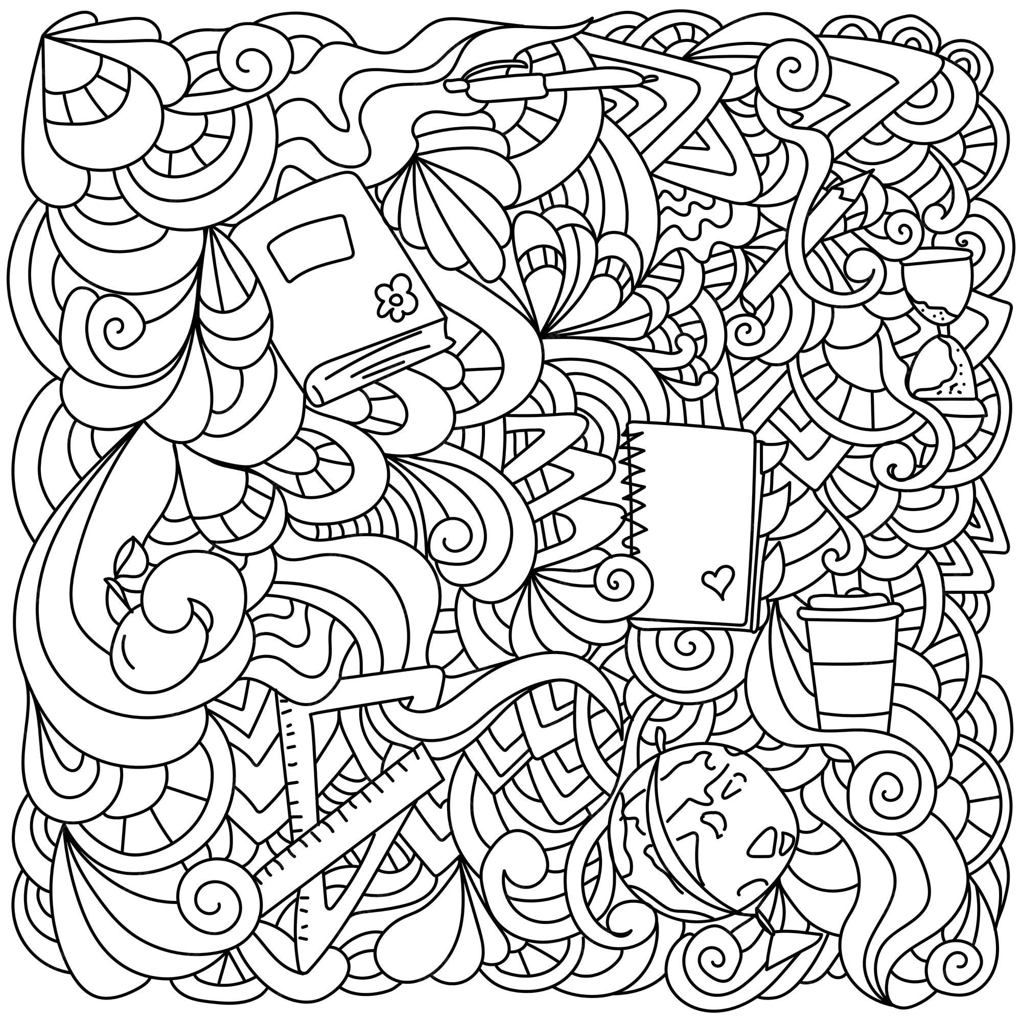 Premium vector school supplies and many abstract patterns fantasy tangled coloring page on learning theme