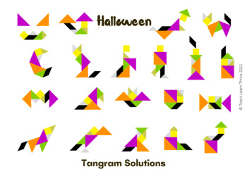 Spooky halloween tangram puzzles solutions full color and bw