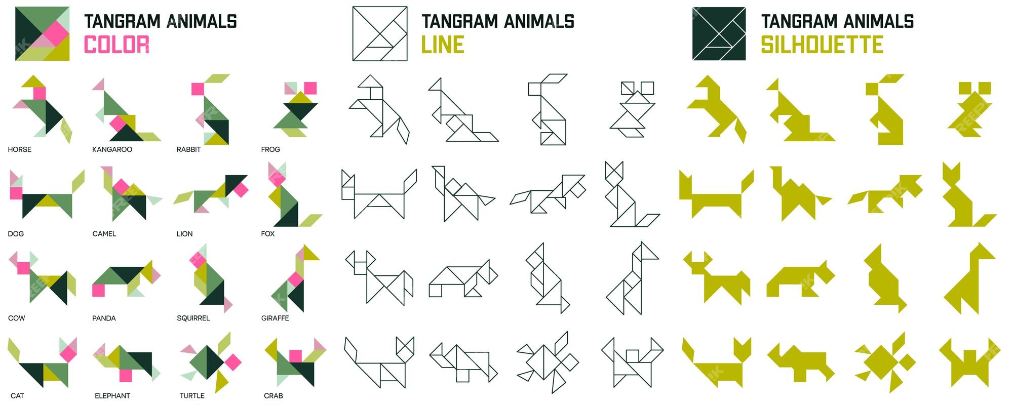 Premium vector tangram puzzle set of tangram animals color line and silhouette jigsaw for kids vector set