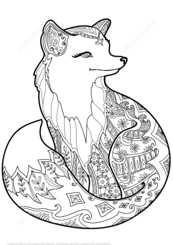 Zentangle fox coloring page free printable coloring pages