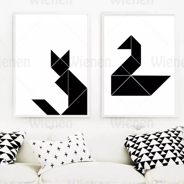 Geometry abstract animal posters prints black tangrams fox cat swan picture wall art canvas painting home decoration living room