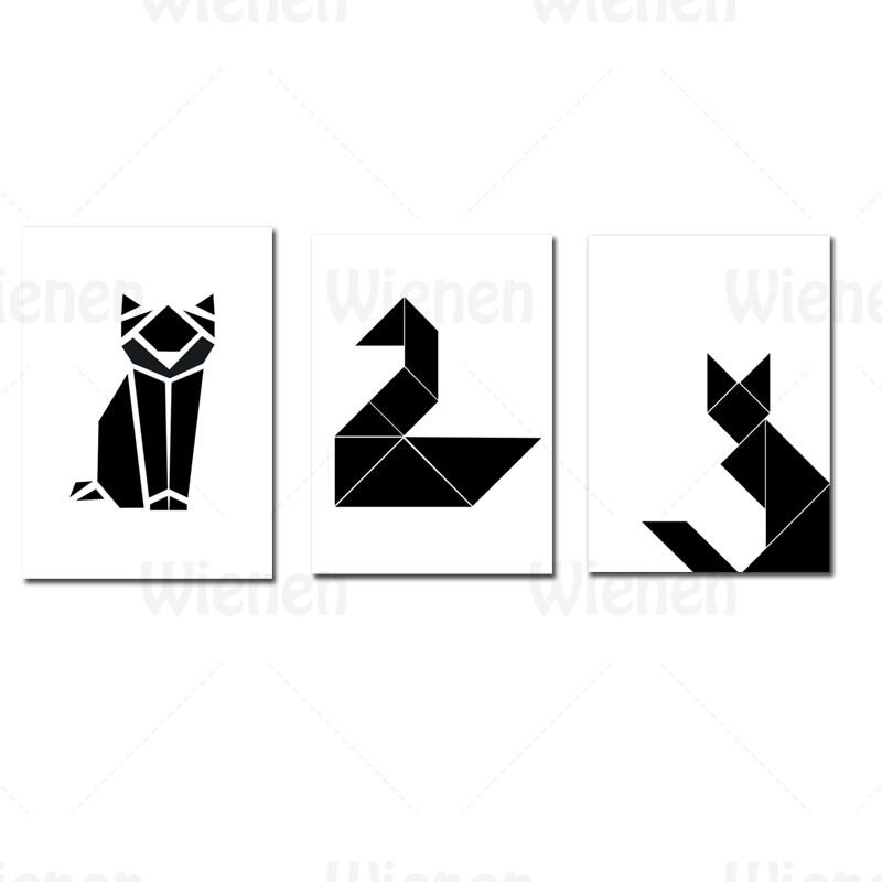 Geometry abstract animal posters prints black tangrams fox cat swan picture wall art canvas painting home decoration living room