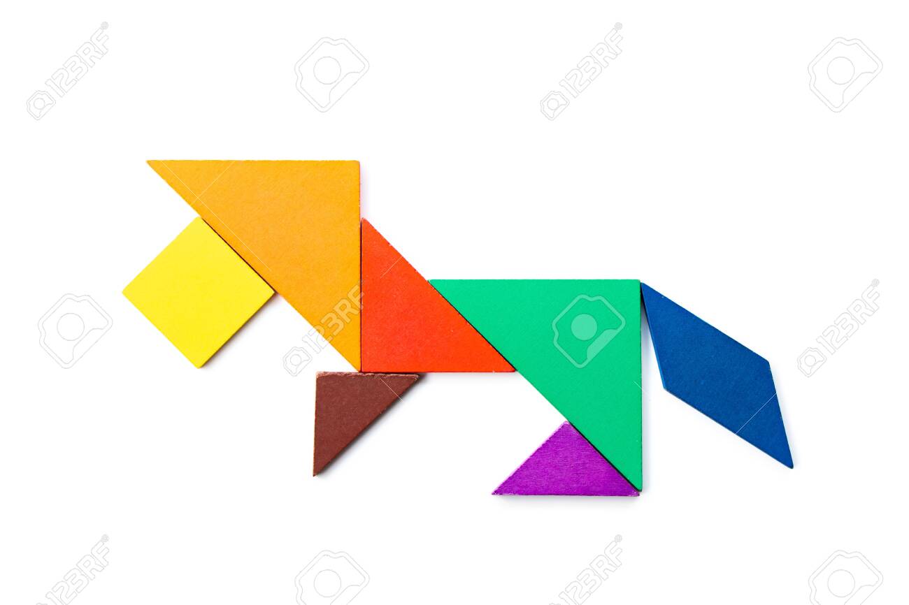 Color wood tangram puzzle in lion shape on white background stock photo picture and royalty free image image