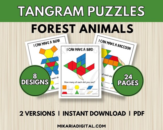 Forest animal pattern block mats tangram puzzle cards for kids toddler learning activity quiet time book basic shape matching worksheets