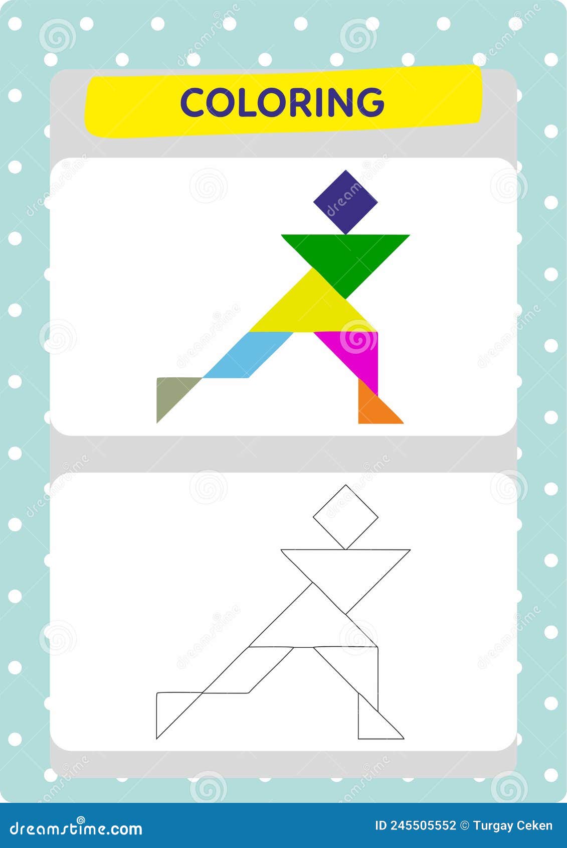 Animals and tangrams coloring page for kids stock vector
