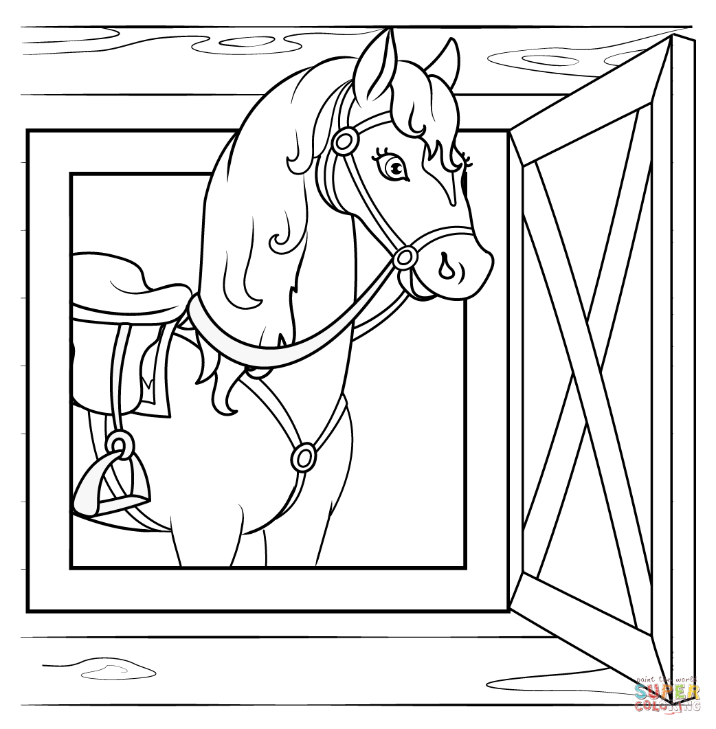 Horse at the barn window coloring page free printable coloring pages