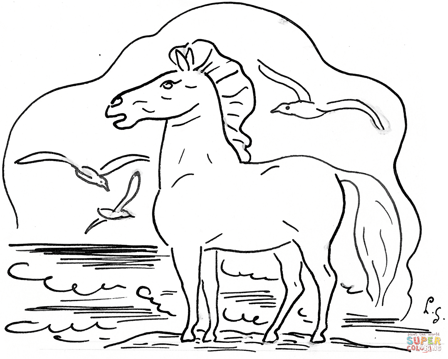 Horse by the sea with seagulls coloring page free printable coloring pages