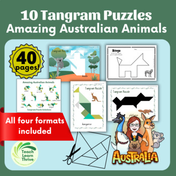 Tangram puzzles amazing australian animals full color bw silhouette incl