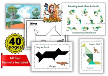 Tangram puzzles amazing australian animals full color bw silhouette incl