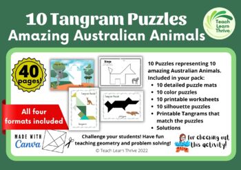 Tangram puzzles amazing australian animals full color bw silhouette incl